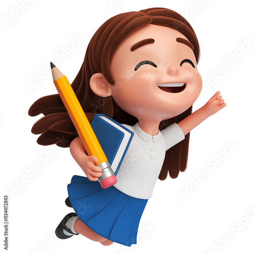 A 3d rendered kid educational clipart of a girl flying in the air with a pencil and a book