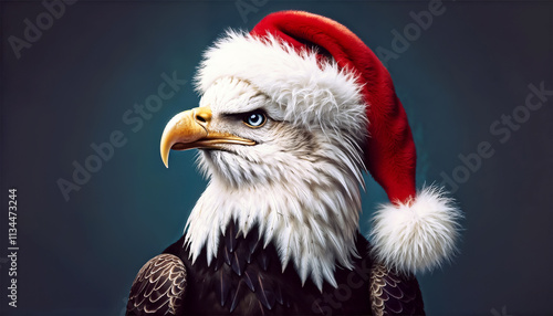 A close-up shot of a majestic bald eagle, wearing a fluffy red Santa hat | Merry Christmas with Happy New Year