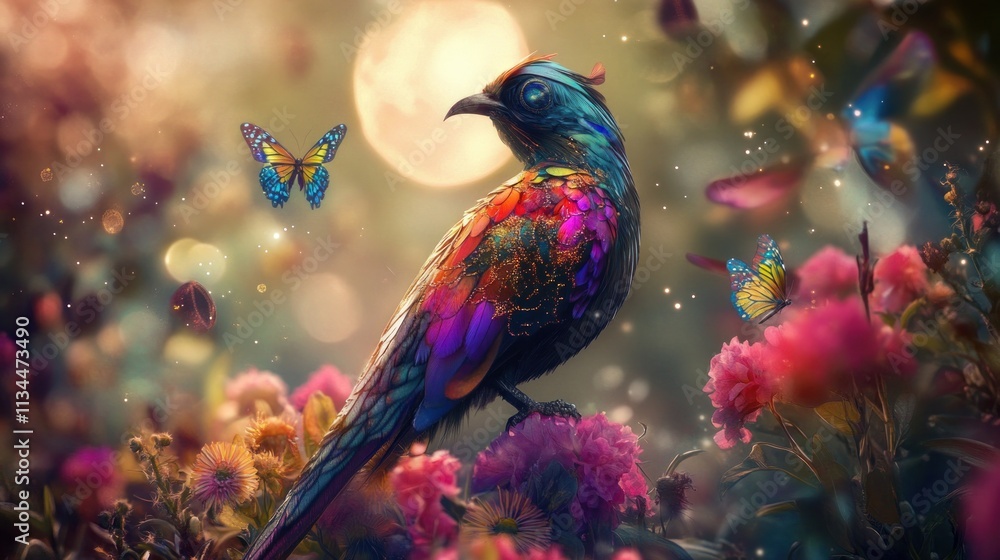 A vibrant, colorful bird perched amidst flowers and butterflies in a magical garden setting under a soft moonlight. A vibrant, colorful bird perched amidst flowers and butterflies in a magical garden setting under a soft moonlight.