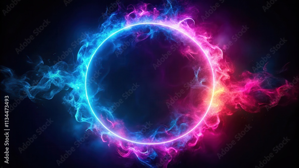 Abstract neon ring frame with blue-pink light effects, burning fire, and smoke , neon, ring, frame Abstract neon ring frame with blue-pink light effects, burning fire, and smoke , neon, ring, frame
