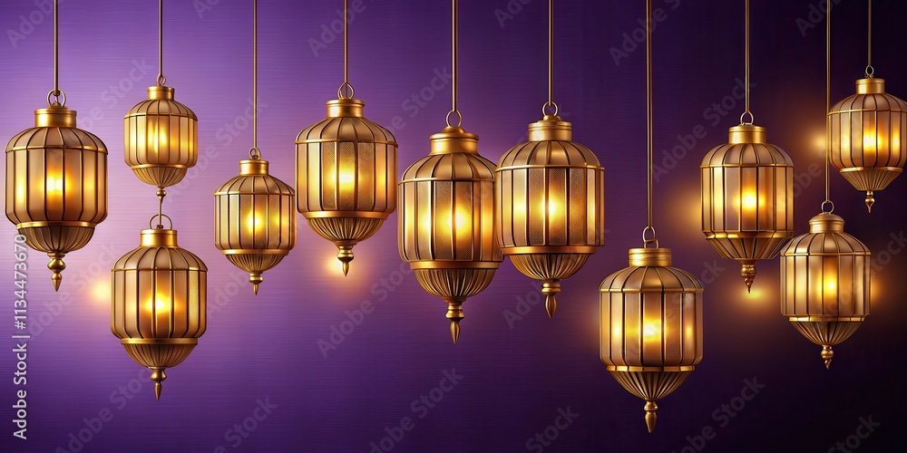 Golden lanterns hanging in rows against a purple background, golden, lanterns, hanging, rows, purple, background Golden lanterns hanging in rows against a purple background, golden, lanterns, hanging, rows, purple, background