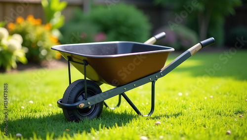 backyard wheelbarrow helps uproot weeds lush green lawn sturdy shovel ongoing gardening photo