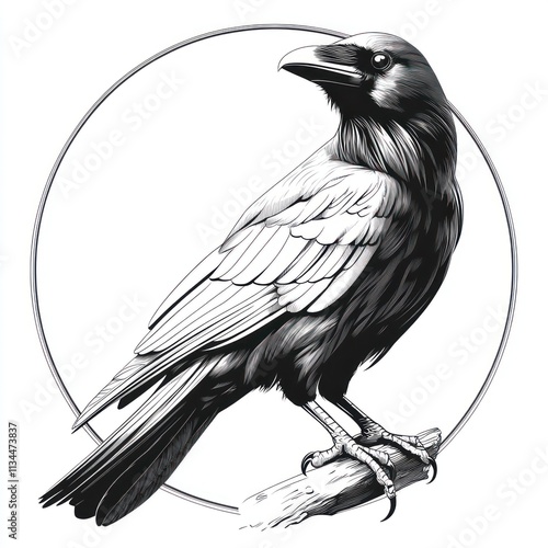 Monochrome illustration of a crow perched on a branch, encircled by a moon. photo