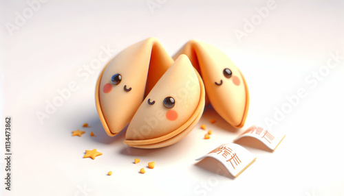 3D Soft abstract image of fortune cookies with messages peeking out and copy space to the left. concept as Fortune cookies with messages partially visible presented in a soft focus to create an inviti photo