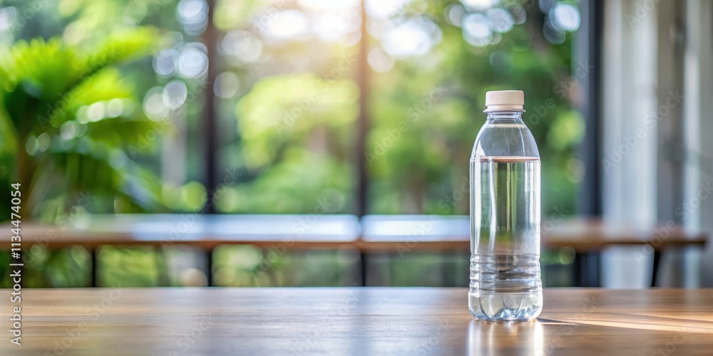 Clear bottle of water on table , refreshing, hydration,quench, clean, mineral, plastic, beverage, liquid, still, purity Clear bottle of water on table , refreshing, hydration,quench, clean, mineral, plastic, beverage, liquid, still, purity