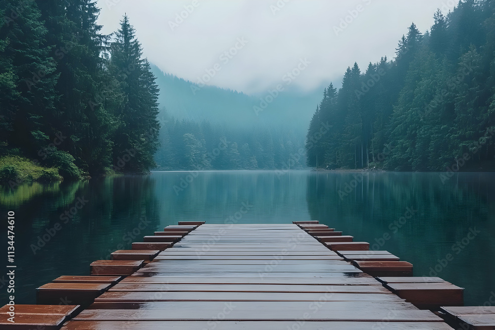 Serene lake view with wooden dock in misty forest.