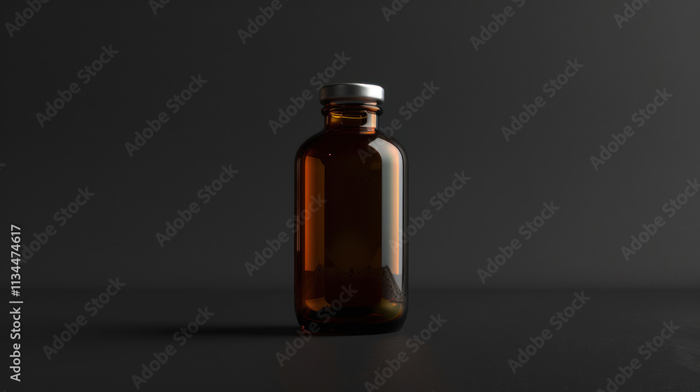 Dark amber medicine bottle with a secure cap, minimalist label, professional look Dark amber medicine bottle with a secure cap, minimalist label, professional look