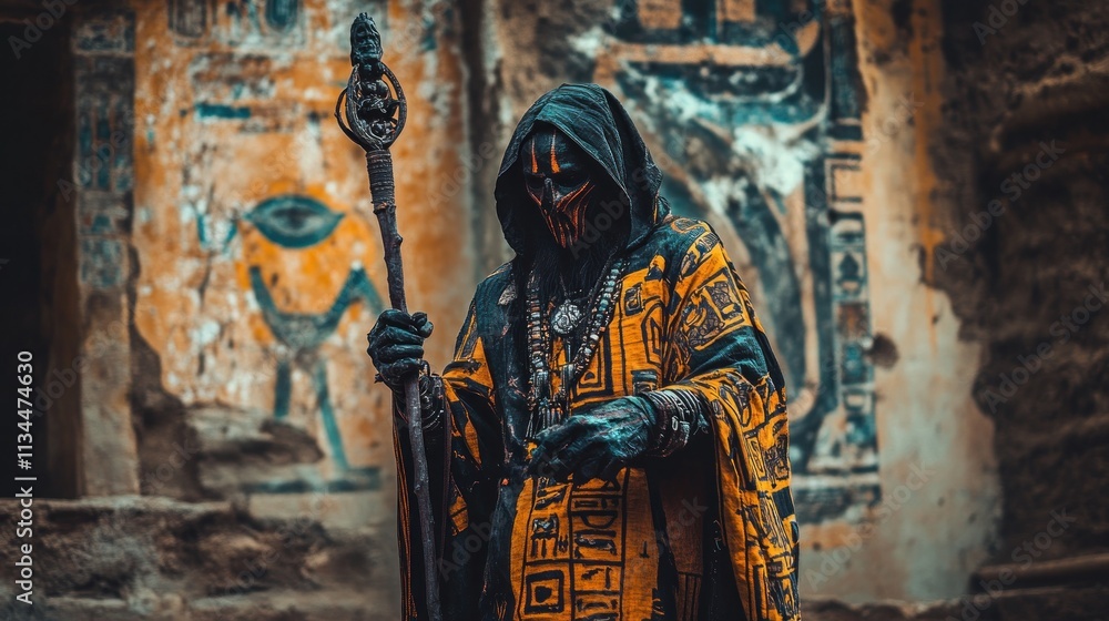 Obraz premium Mysterious figure in ancient ruins, holding staff, wearing ornate robe.
