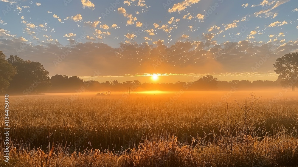 Obraz premium Golden sunrise over misty wheat field with distant tractor.