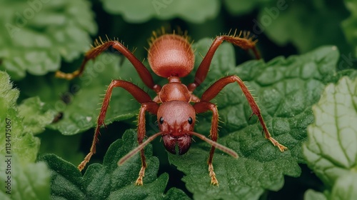 Closeup of a Red Ant on Green Foliage