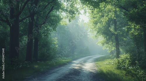 A serene forest road stretches into mist, surrounded by tall trees and soft foliage. atmosphere evokes sense of calm and mystery, inviting exploration