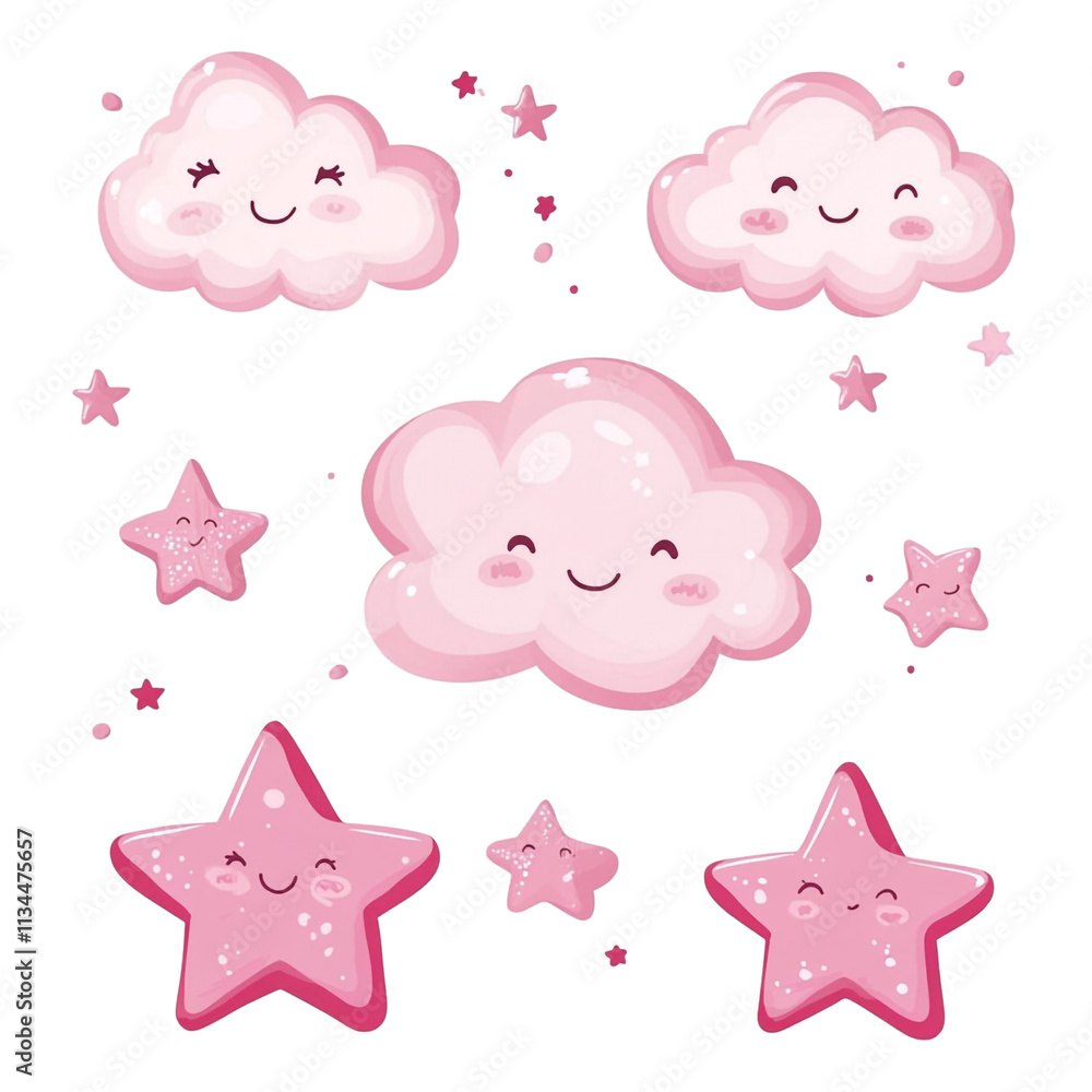 Adorable Pink Clouds and Stars Illustration Adorable Pink Clouds and Stars Illustration