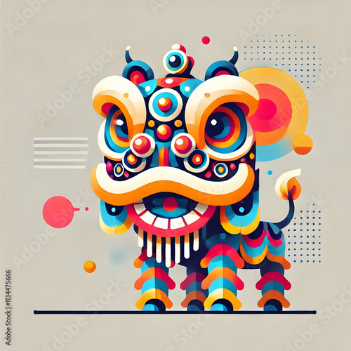 Vibrant Abstract Lion Dance Mask Art with Space for Custom Text - Cute Chibi Vector Illustration photo