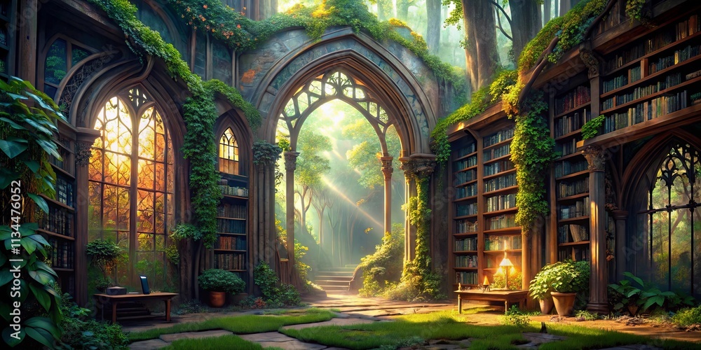 Fototapeta premium Enchanted Forest Library Sunlit Gothic Archway and Bookcases