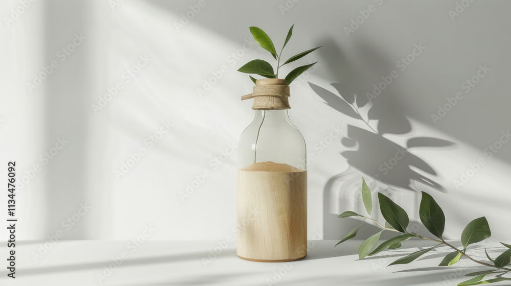 Eco-friendly bottle mock-up with packaging, simple and natural materials, positioned on a clean backdrop for a sustainable product focus Eco-friendly bottle mock-up with packaging, simple and natural materials, positioned on a clean backdrop for a sustainable product focus