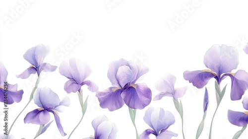 Wallpaper Mural Delicate purple irises in soft watercolor style, horizontal border design, gentle pastel colors, floral background, spring flowers, botanical illustration. Torontodigital.ca