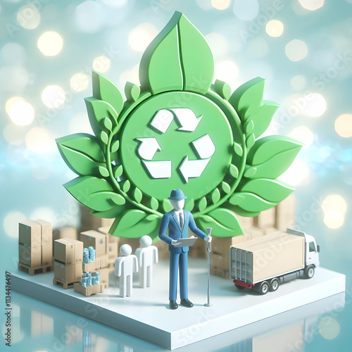 3D Entrepreneur overseeing eco friendly logistics in bokeh digital art copy space concept as An entrepreneur oversees eco friendly logistics operations in a bokeh digital art background highlighting s photo