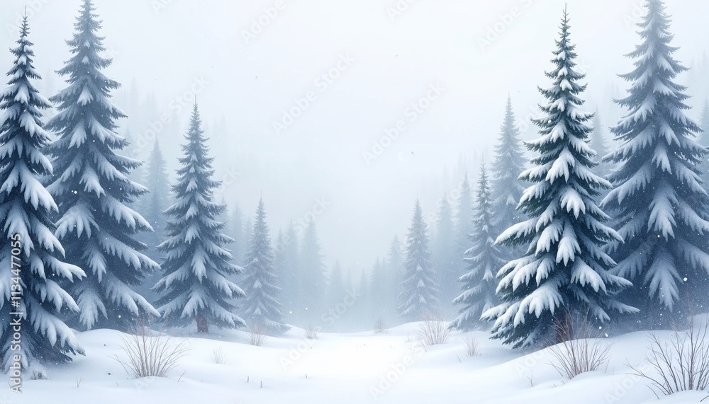 Fototapeta premium Watercolor of a Snowfall in a Winter Forest with Tall Fir Trees Covered in White Caps