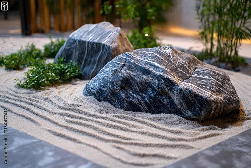 A serene indoor landscape featuring large rocks and sand, promoting tranquility and harmony. A serene indoor landscape featuring large rocks and sand, promoting tranquility and harmony.