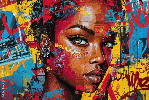 A colorful urban art scene with a central face framed by vibrant reds, yellows, and blues, intricate graffiti elements surrounding her, one eye adorned with a metal earring and the other reflecting.