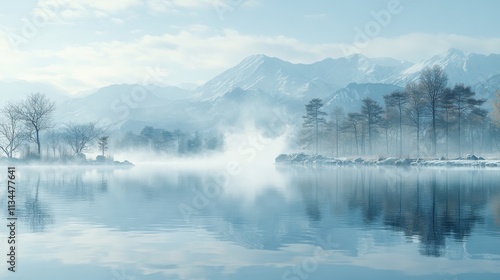 Serene landscape featuring mountains, mist, and a calm lake reflecting nature's beauty.