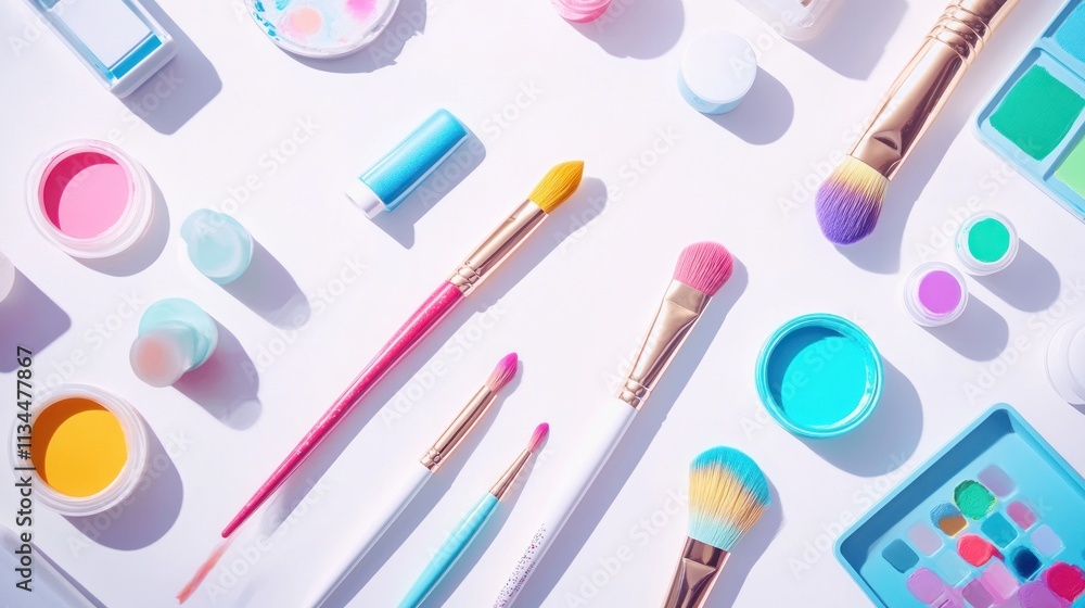 Flatlay of colorful makeup and brushes on white background. Flatlay of colorful makeup and brushes on white background.