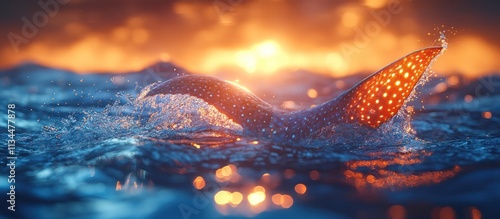 Whale shark tail fin emerges from ocean during sunset. photo