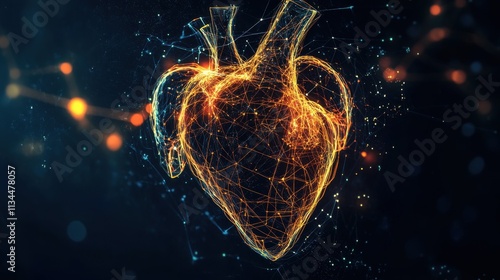 Cybernetic Heartline Dynamics: Futuristic Cardiac Data Visualization with Vibrant Impulse Lines and Glowing Nodes on a Navy Blue to Midnight Black Canvas. Ultra-Sharp, Professional Scientific  photo