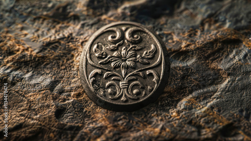 Elegant stone-carved logo with fine details, set on a rustic surface