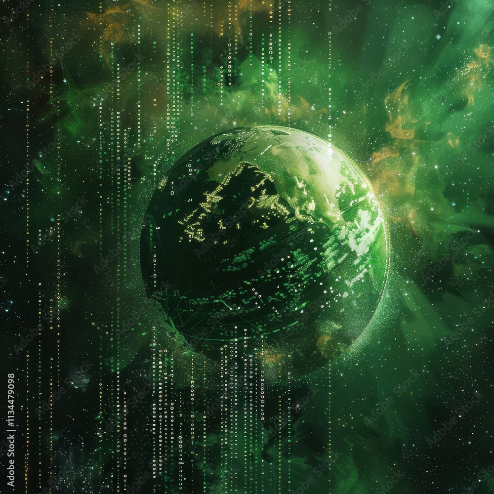 Fototapeta premium A Vibrant Green Planet Surrounded by Digital Rain in an Abstract Space Environment