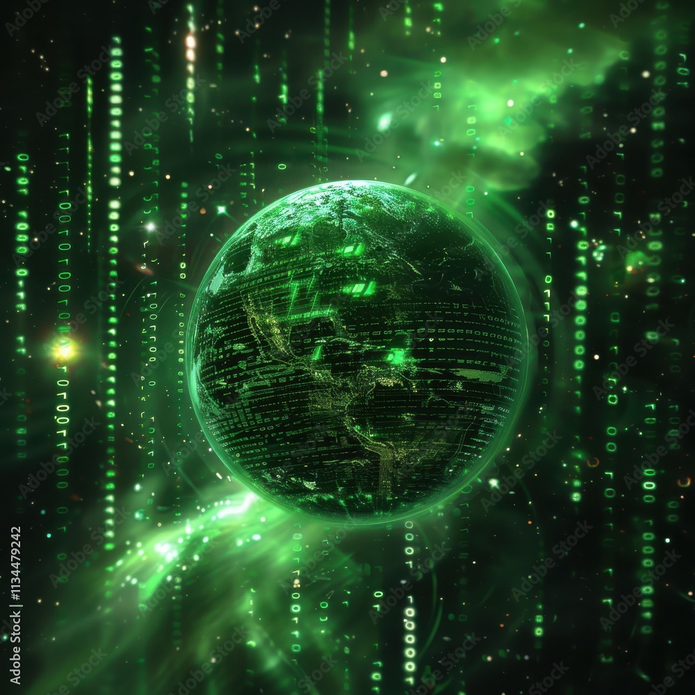 Digital Representation of Earth Surrounded by Green Binary Code and Abstract Patterns Digital Representation of Earth Surrounded by Green Binary Code and Abstract Patterns