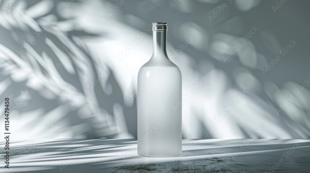 Frosted bottle mock-up in a cool, light background, subtle branding displayed on the surface, simple yet luxurious feel for modern products Frosted bottle mock-up in a cool, light background, subtle branding displayed on the surface, simple yet luxurious feel for modern products