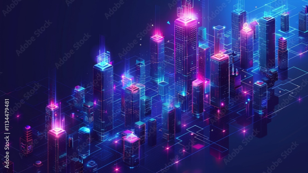 Obraz premium Futuristic city skyline with glowing skyscrapers, isometric view, digital network connections.
