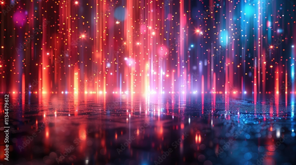 Fototapeta premium A vibrant display of colorful lights resembling a digital rain effect on a reflective surface.