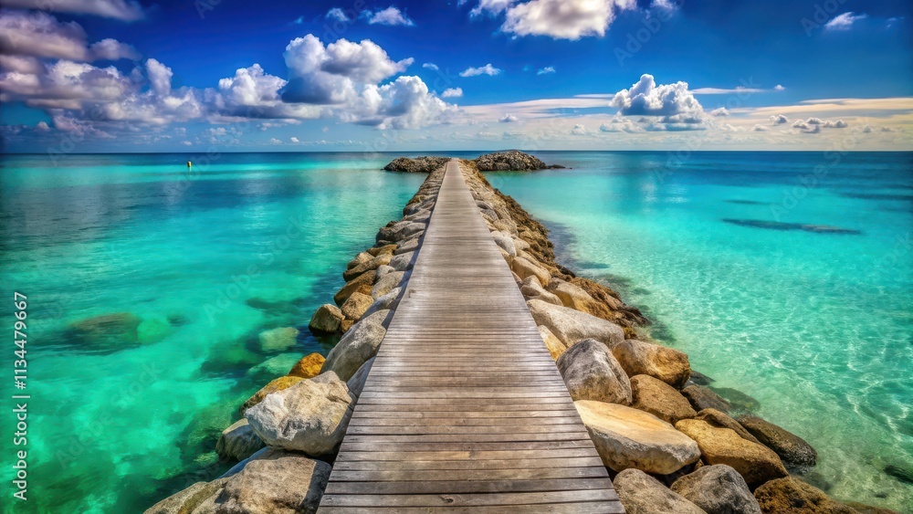 Obraz premium Rocky jetty extending into turquoise waters, creating a serene coastal scene, rocky, jetty, aerial view, turquoise waters