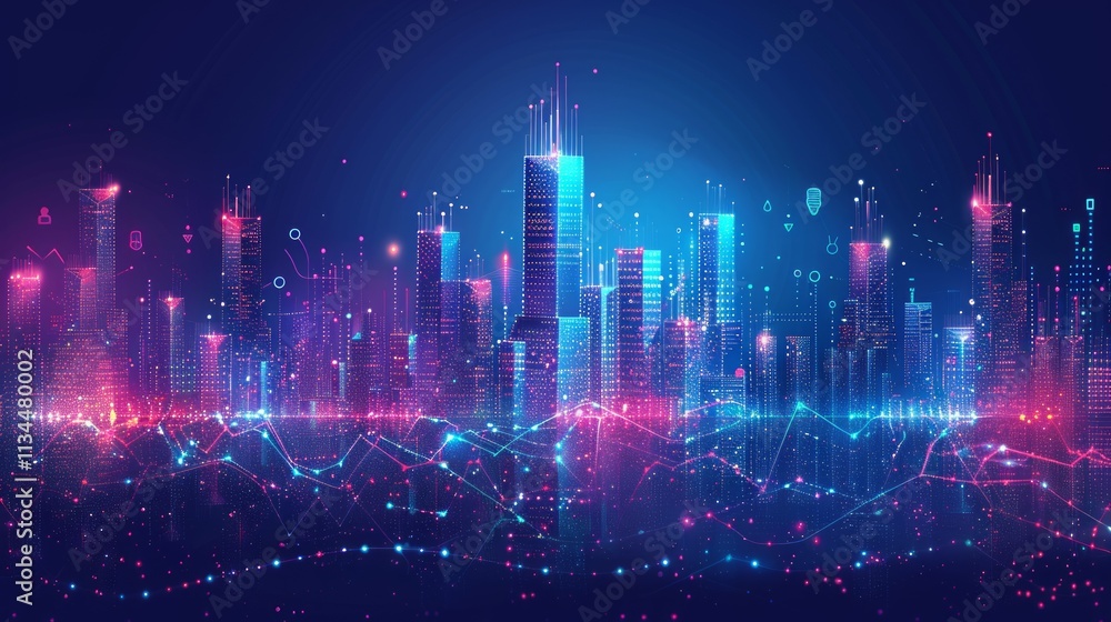 Futuristic city skyline at night with vibrant neon lights and digital data streams. Futuristic city skyline at night with vibrant neon lights and digital data streams.