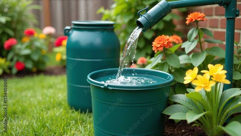 Fototapeta premium garden water collector stores rainwater large barrel irrigation needs