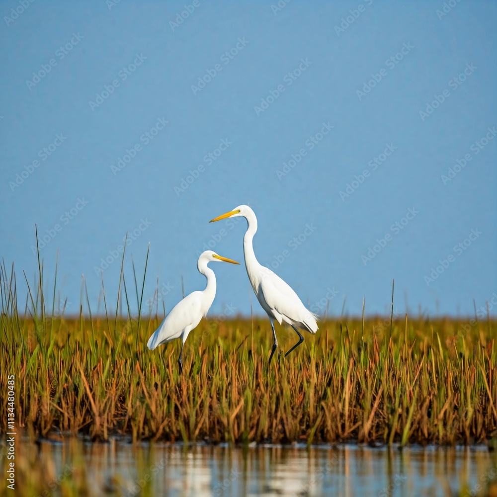 Obraz premium A closeup picture of white egret walking on marshy land. . World Wetlands Day is celebrated in February. 