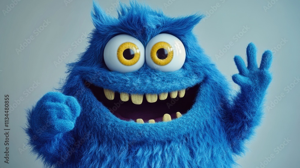 Obraz premium Happy blue furry monster waving hello.