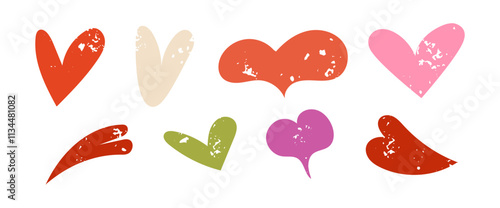 Hand-drawn childlike grunge heart icon set on transparent background. Old colored hearts with white scratches and scuffs textured with chalk. vector design elements for Valentine's day
