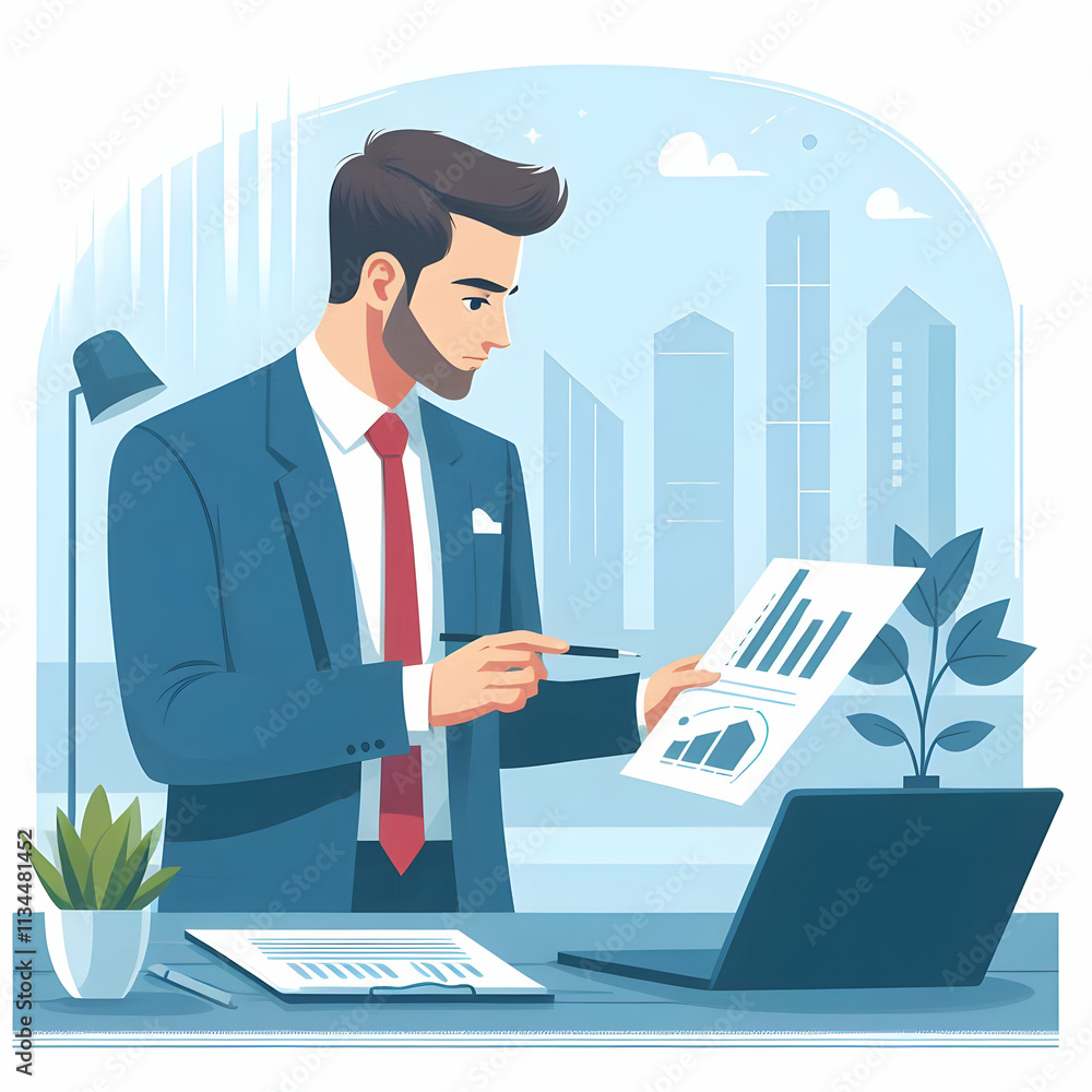 Flat Vector Illustration of Business Executive Analyzing Financial Trends in Modern Office Space for Strategic Planning Flat Vector Illustration of Business Executive Analyzing Financial Trends in Modern Office Space for Strategic Planning