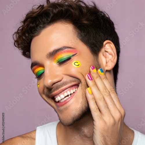 Smiling gay man with rainbow eye shadow and smiley nailpaint photo