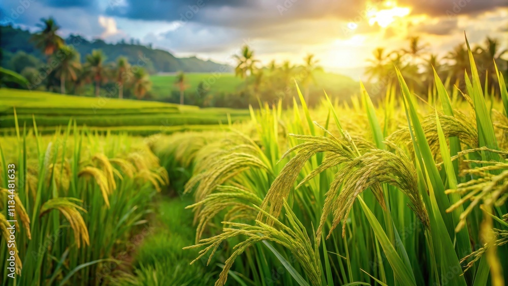 Close up of a lush rice paddy field, rice, paddy, agriculture, farming, crop, planting, growth, cultivation, landscape, green Close up of a lush rice paddy field, rice, paddy, agriculture, farming, crop, planting, growth, cultivation, landscape, green