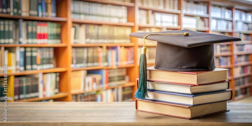 Graduation cap on stack of books in library , education, graduation, achievement, success, learning, knowledge Graduation cap on stack of books in library , education, graduation, achievement, success, learning, knowledge