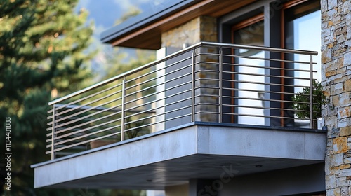 Modern balcony with stainless steel railing on luxury house.