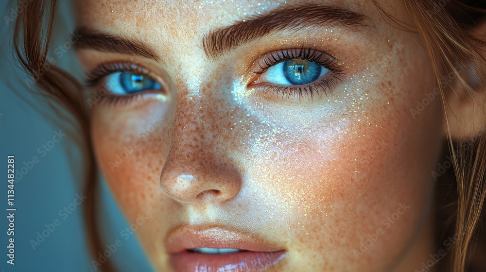 Close-up portrait of a person with striking blue eyes and freckles, showcasing natural beauty. Close-up portrait of a person with striking blue eyes and freckles, showcasing natural beauty.