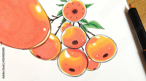 A low-angle, hand-drawn color sketchnote of fruits, looking upward, with dramatic composition and emphasis on perspective photo