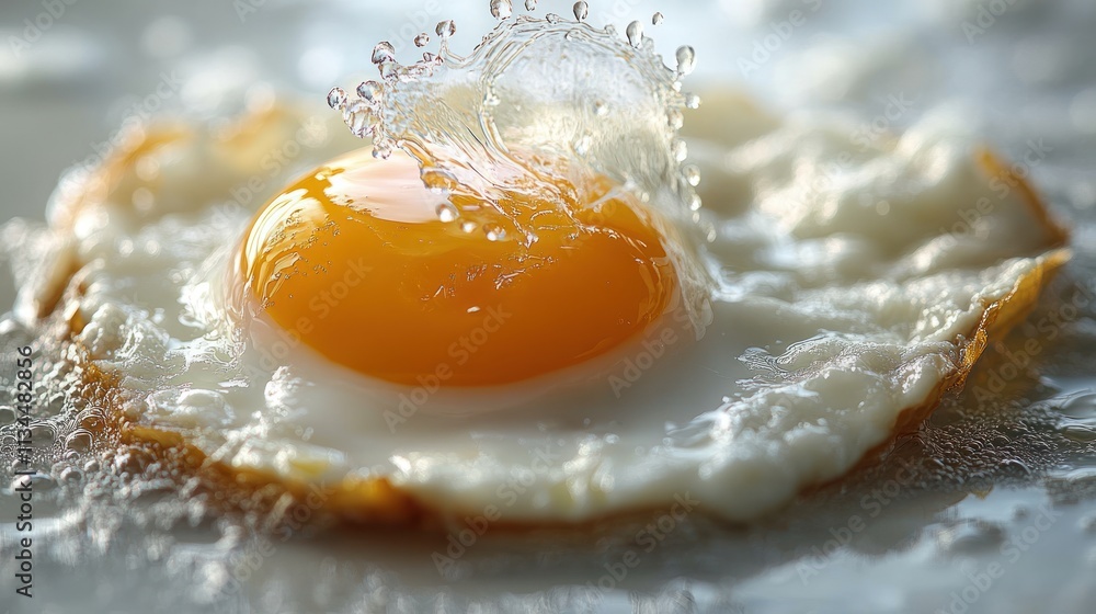 A close-up of a fried egg with a vibrant yolk and splashes of liquid around it. A close-up of a fried egg with a vibrant yolk and splashes of liquid around it.