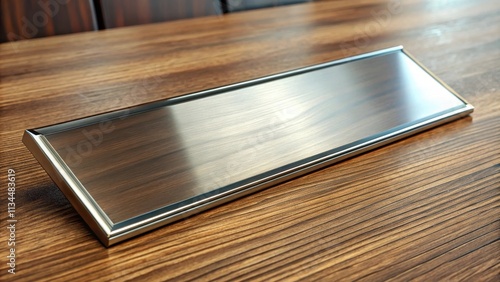 Close-up of a shiny metal nameplate on a wooden desk , identification, office, business, plaque, label, engraving photo