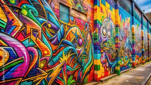 Graffiti on urban wall showcasing vibrant colors and abstract designs, urban, art, street, spray paint, colorful